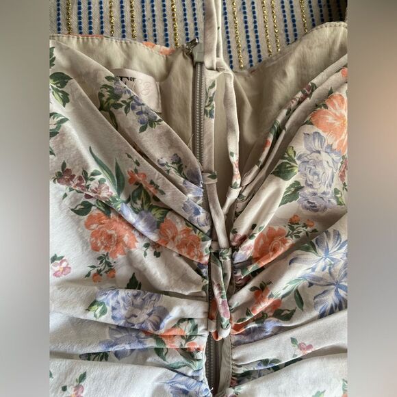 HOUSE OF CB London Kara Floral Mini Dress Ruched LaceUp Ruffle Sleeve Bodycon XS - Picture 10 of 17